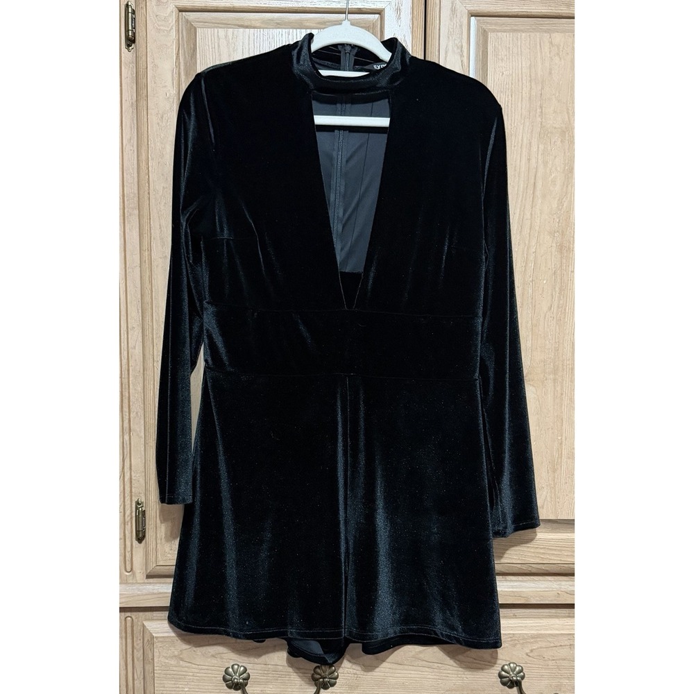 Express Velvet Romper Womens L Black Long Sleeve Choker Plunge Stretch Night Out